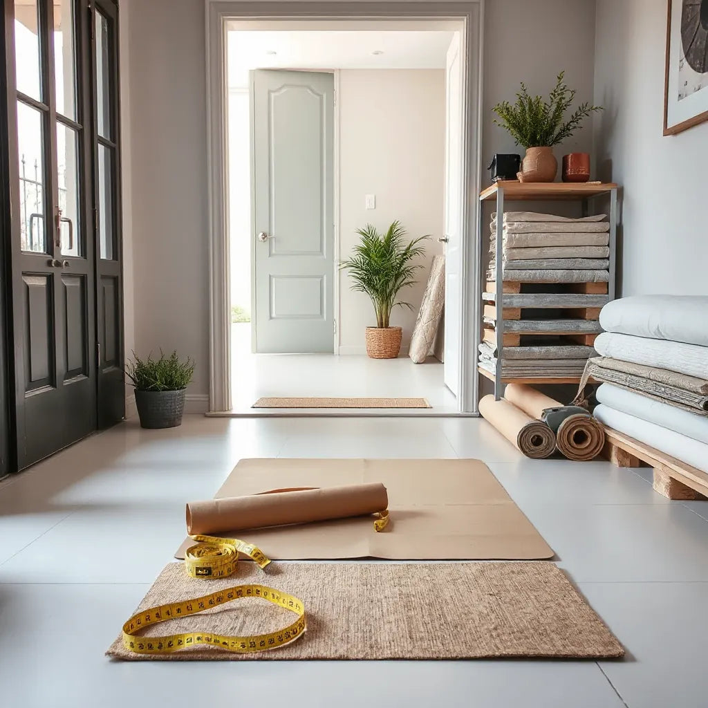 Measuring tape and custom-cut floor mat pieces arranged for a perfect fit at home