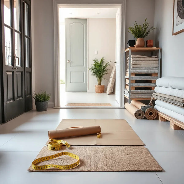 Measuring tape and custom-cut floor mat pieces arranged for a perfect fit at home