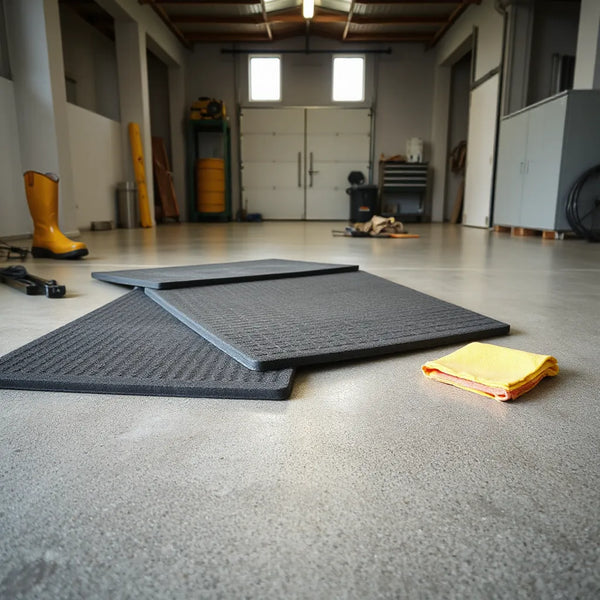 Recycled rubber mats on a workshop floor with visible texture and clean surroundings
