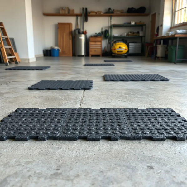 Interlocking rubber mat tiles connected on a concrete floor with textured surface