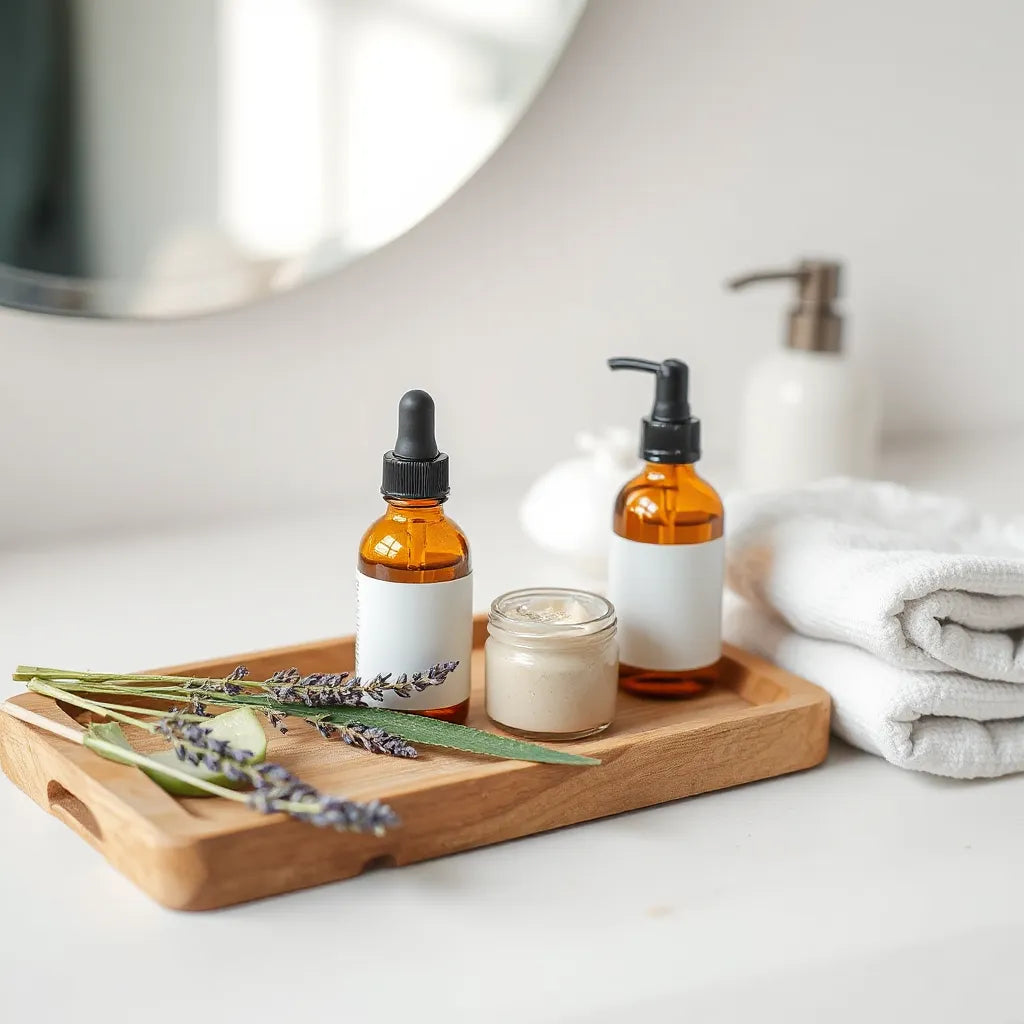 Glass dropper bottles and cream jar with fresh aloe and lavender on a clean vanity tray