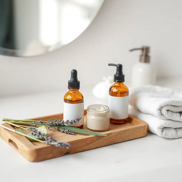 Glass dropper bottles and cream jar with fresh aloe and lavender on a clean vanity tray