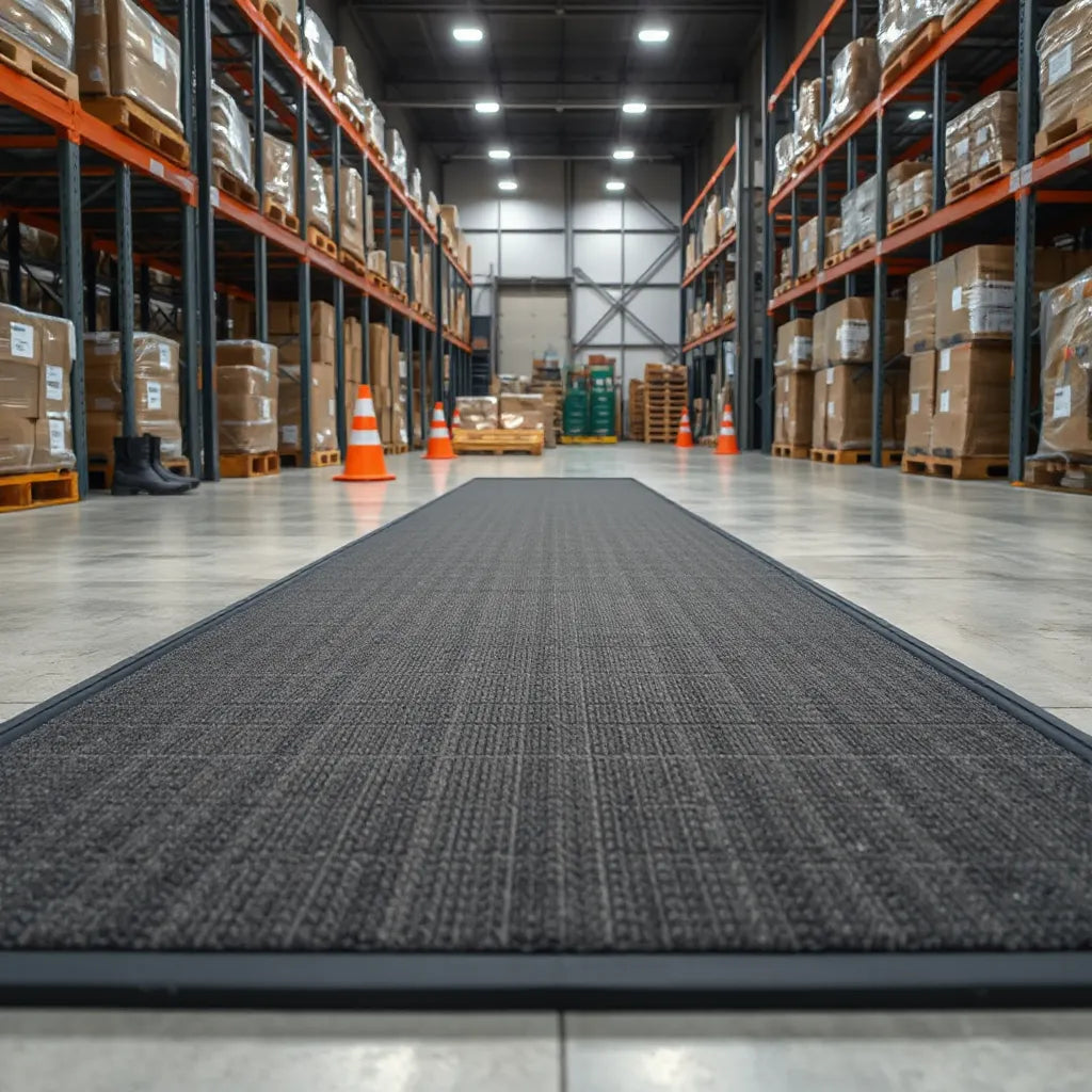 Warehouse aisle with a clean warehouse floor mat providing traction near pallet racks