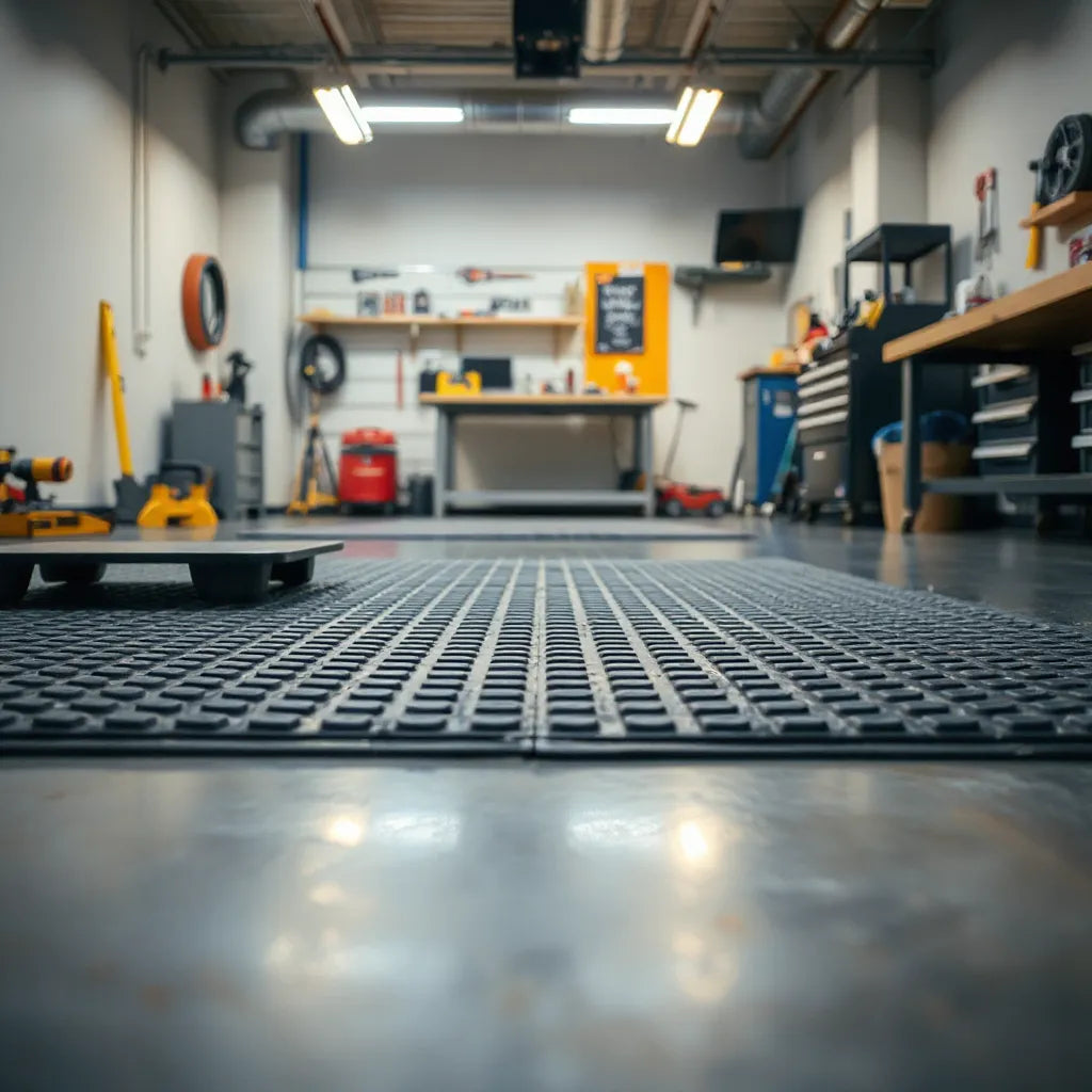 Black anti-slip rubber mats covering a workshop floor near a workbench