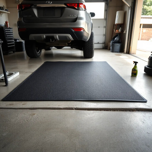 Oil resistant garage mat on concrete with subtle stains and cleaning supplies nearby