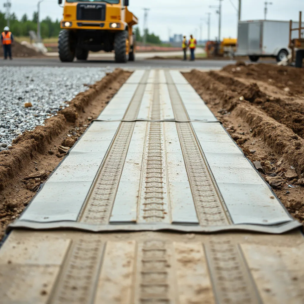 Temporary roadway mats laid over muddy ground to stabilize vehicle access on a jobsite