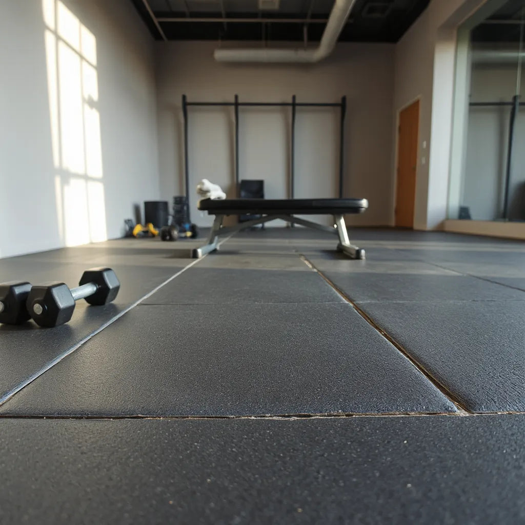 Rubber gym flooring tiles with visible seams and dumbbells in a clean training space