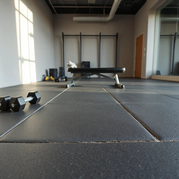 Rubber gym flooring tiles with visible seams and dumbbells in a clean training space