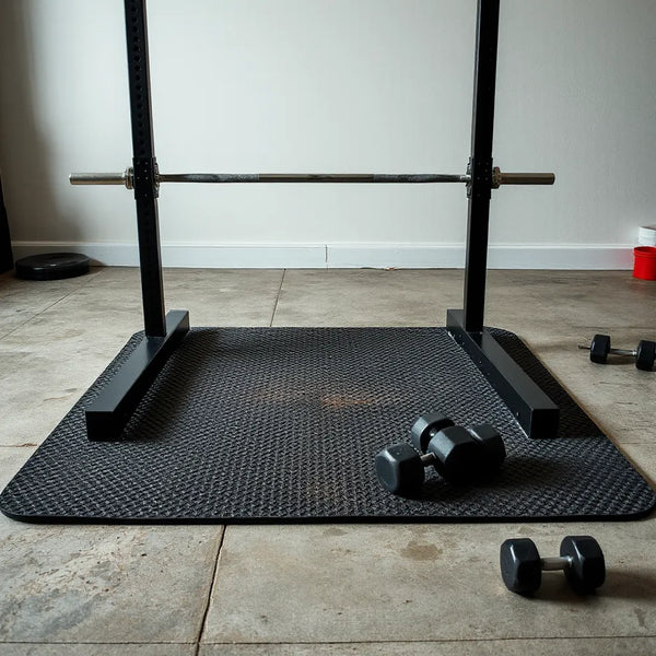 Thick textured squat rack mat protecting a garage floor under a power rack