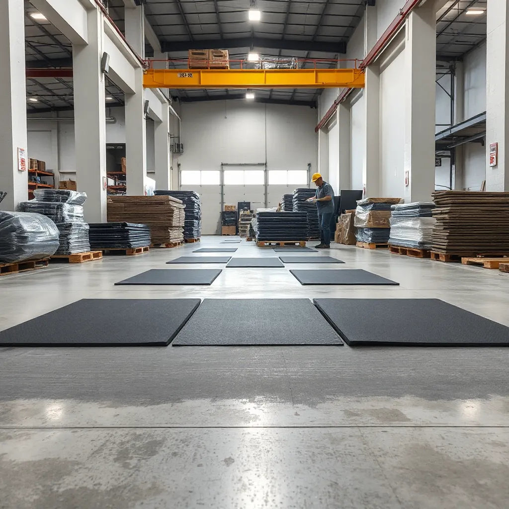 Assorted factory direct floor mats laid out on a concrete floor for size and quality inspection