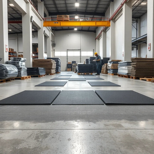 Assorted factory direct floor mats laid out on a concrete floor for size and quality inspection