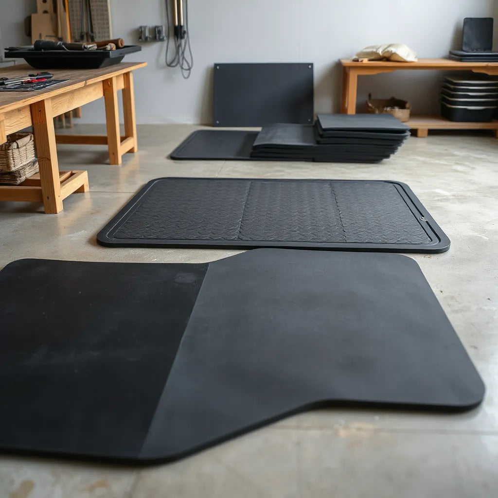 Custom cut rubber mats fitted on a workshop floor with clean edges aligned to contours