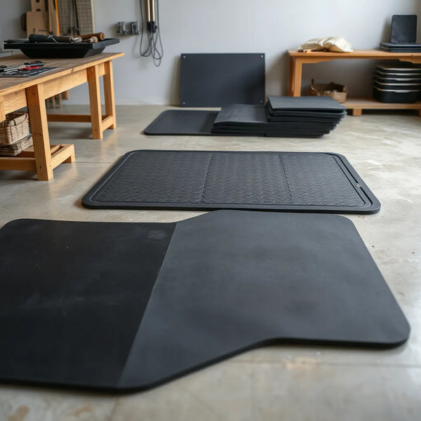 Custom cut rubber mats fitted on a workshop floor with clean edges aligned to contours