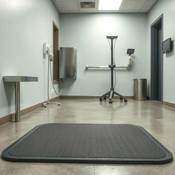 Non-slip veterinary clinic mat placed on clean clinic flooring near medical equipment