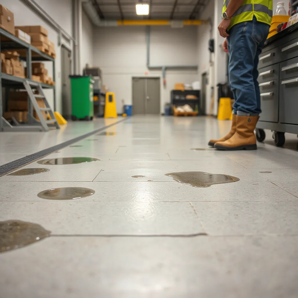 Chemical resistant textured flooring in a clean industrial workspace with safety boots nearby