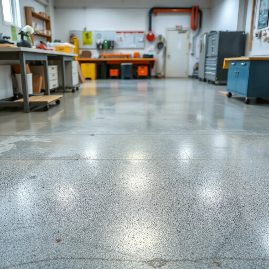 Chemical resistant flooring material in an industrial workshop with durable surface texture