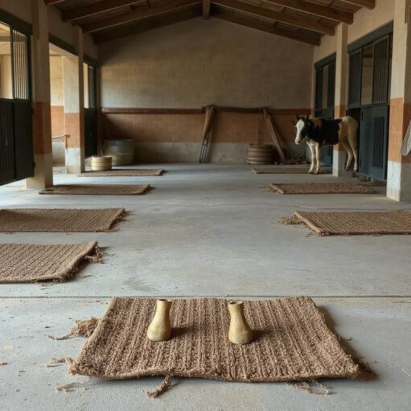 Horse stable floor covered with farm and stable mats for traction and hoof comfort