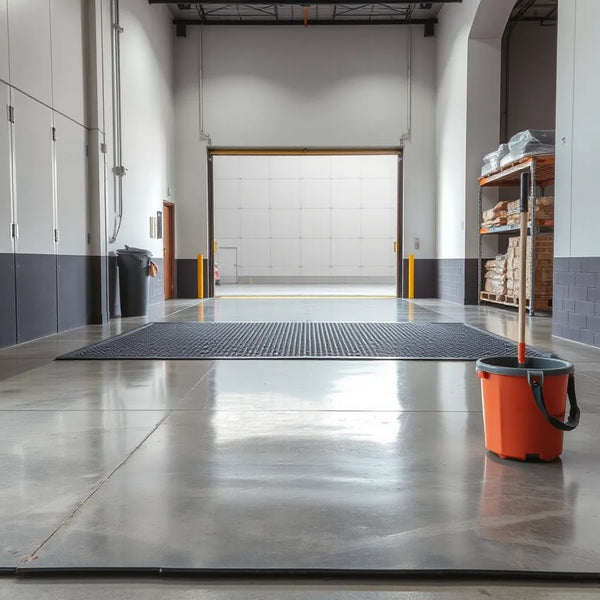 Dark commercial rubber matting laid at a warehouse entry for safer, cleaner floor transitions