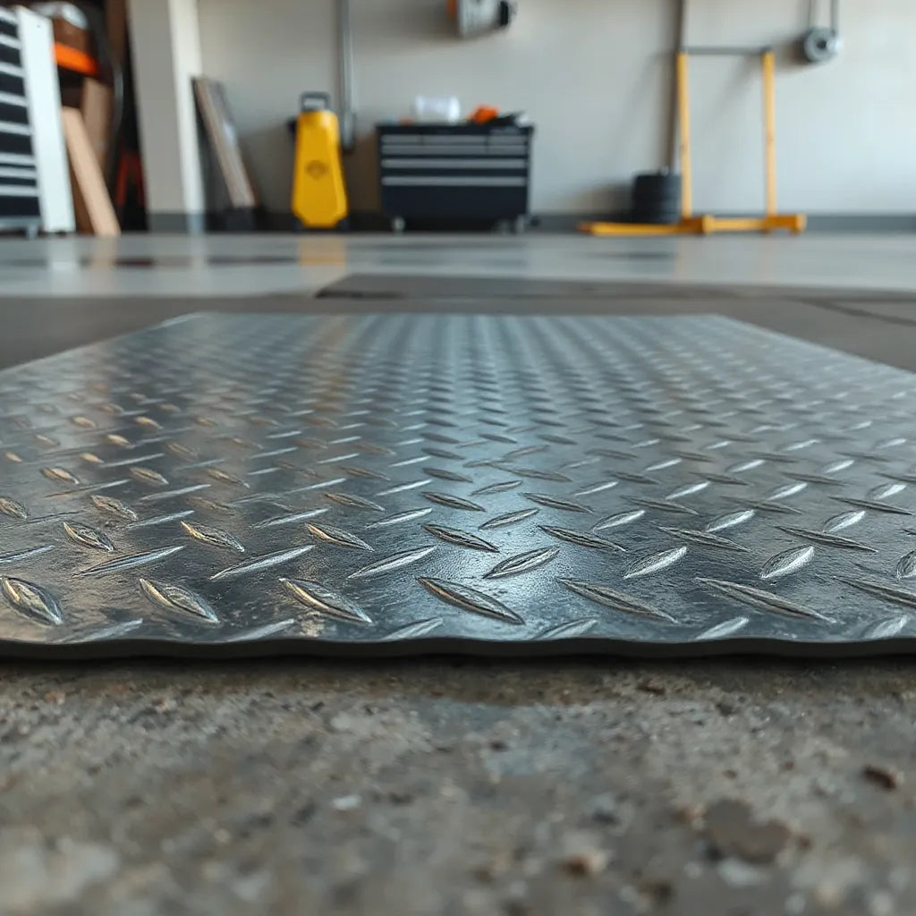 Diamond plate mat with textured metal pattern on a concrete garage floor