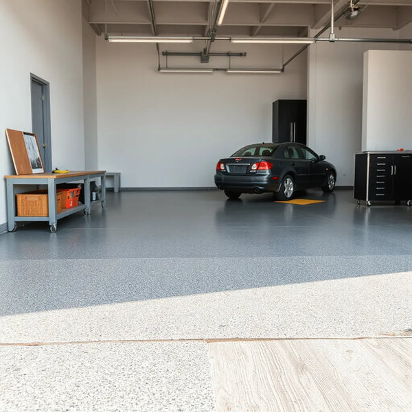 Clean garage floor showing durable flooring textures like rubber tiles and vinyl planks