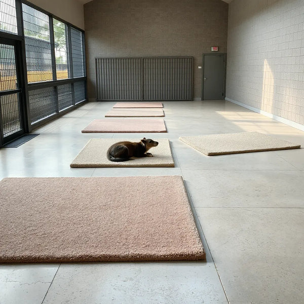 Textured animal and zoo mats laid in a clean enclosure floor with a resting animal nearby