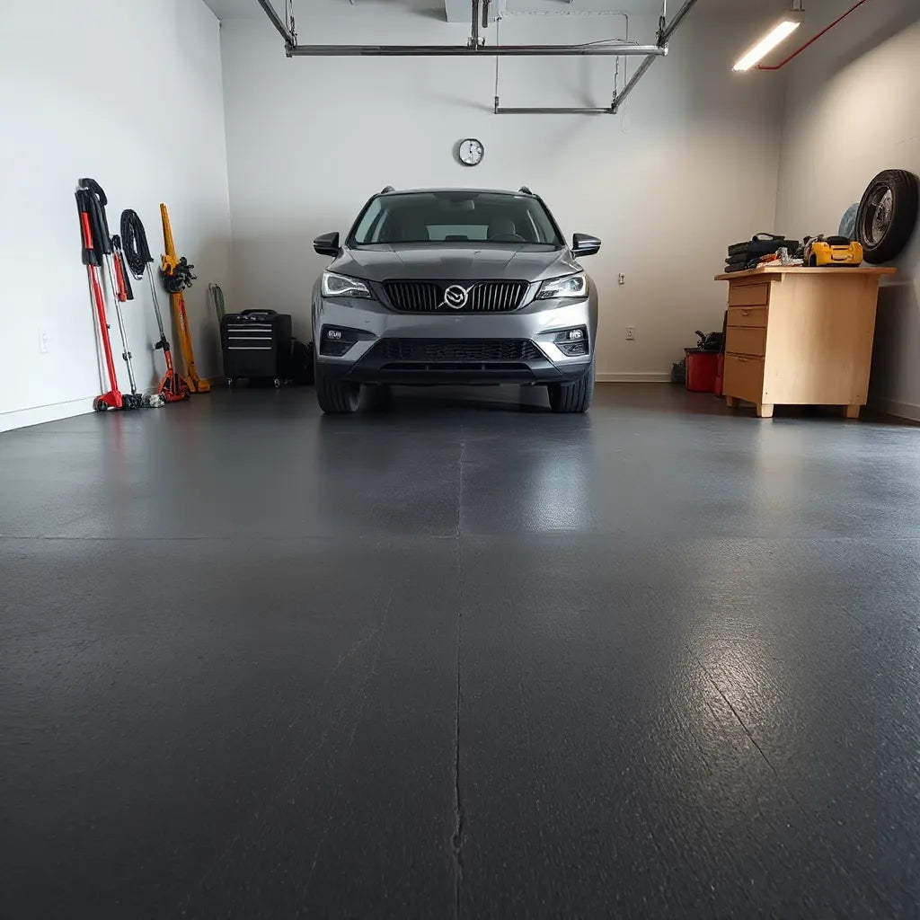 Dark rubber flooring installed in a clean garage with visible texture and a workbench along the wall